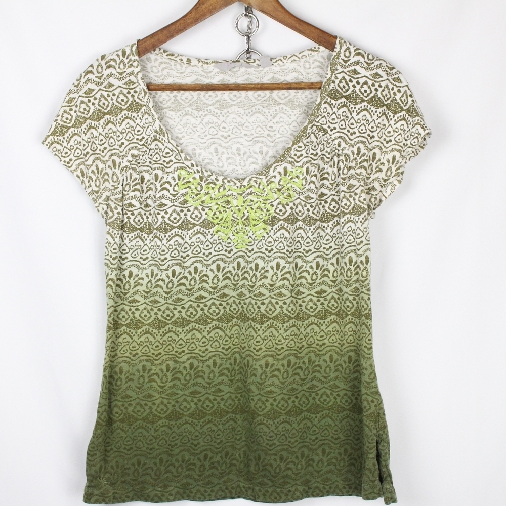 Athleta Green/White Embroidered Short Sleeve Top